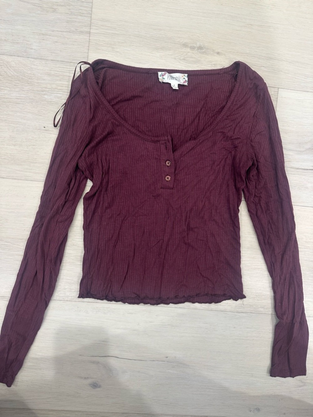 Pink Rose Women's Long Sleeve Ribbed Henley Top in Burgundy